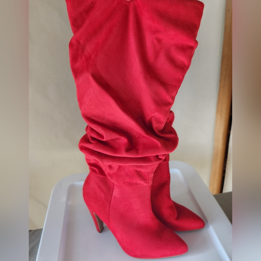 Red slouch faux suede boots